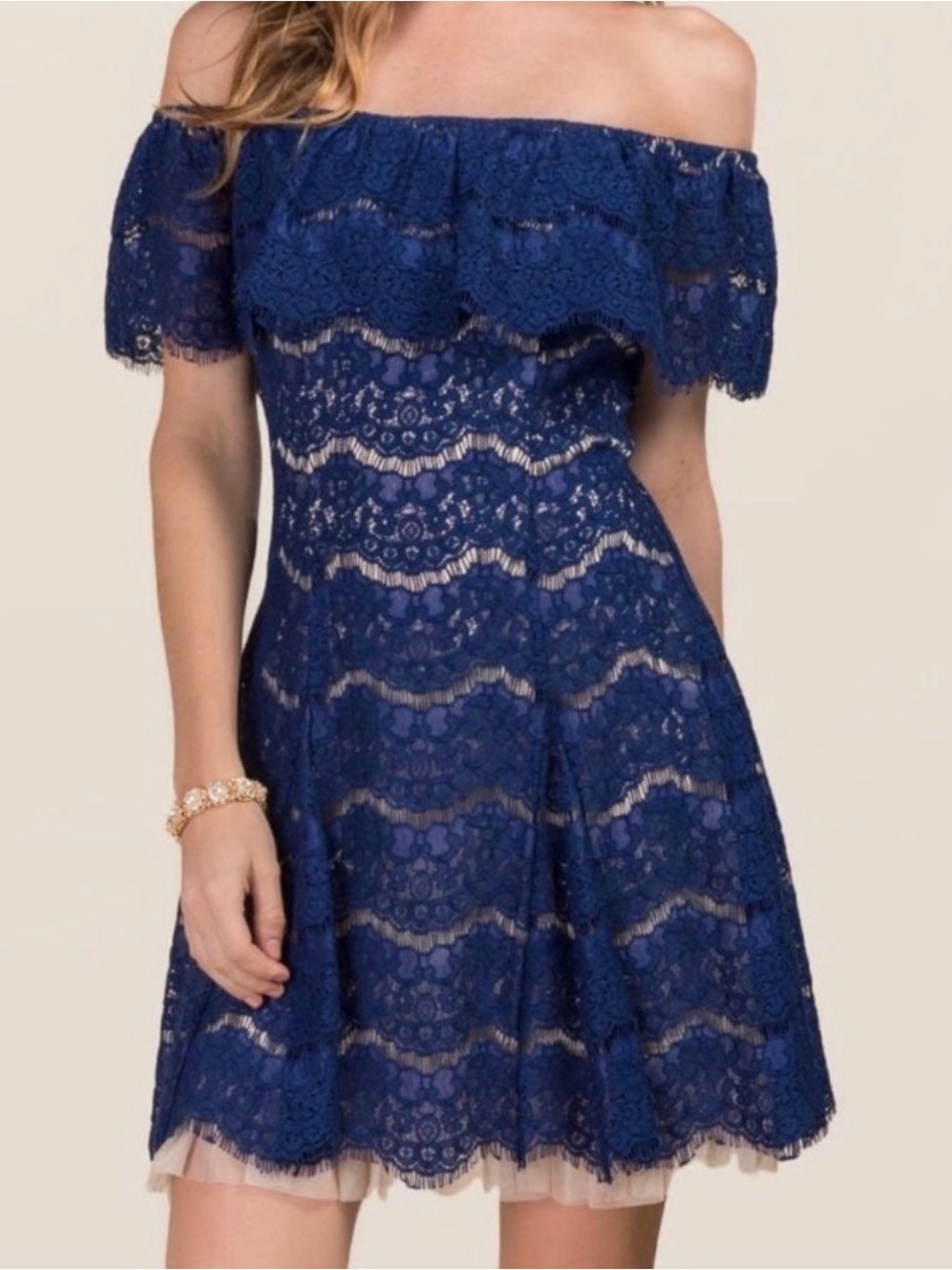 Francesca’s Navy Lace Off Shoulder Fit Flare Dress Size M